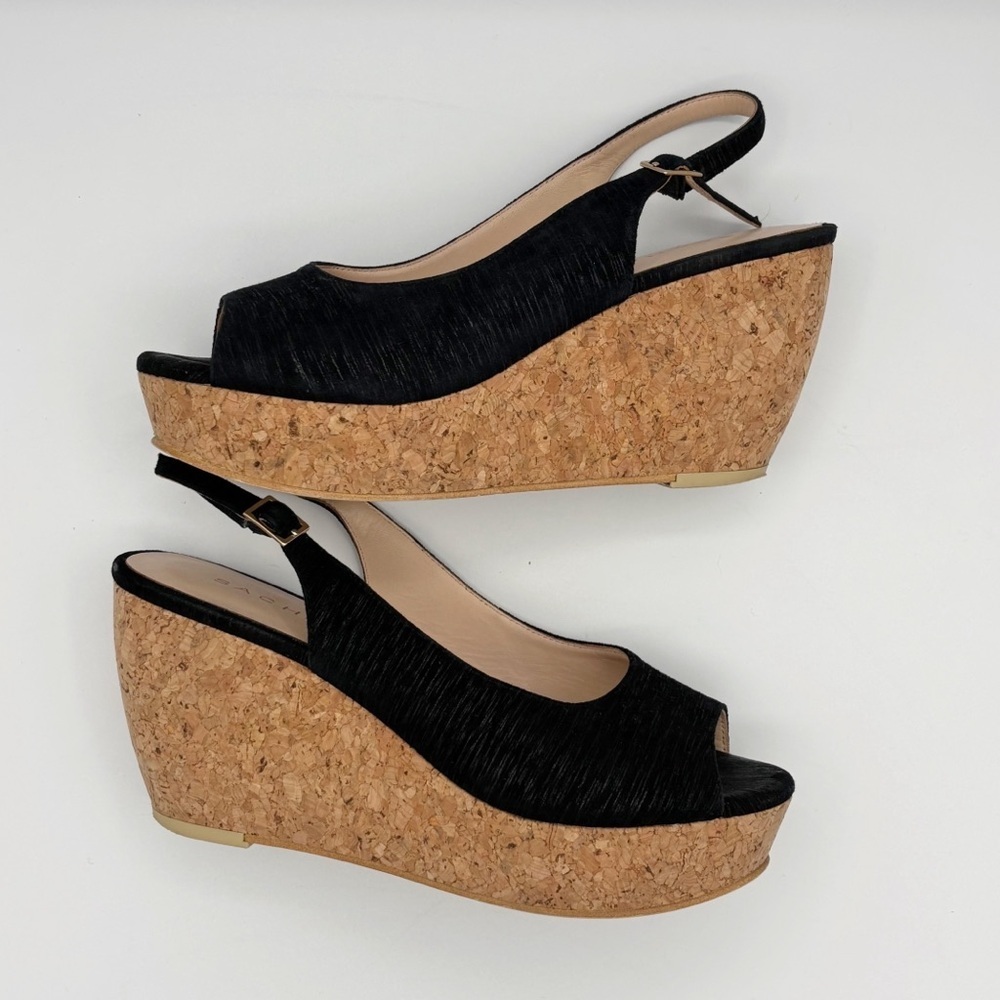 Sacha London Black Peep Toe Cork Wedge Slingback Heels Sz 8 - Picture 5 of 7